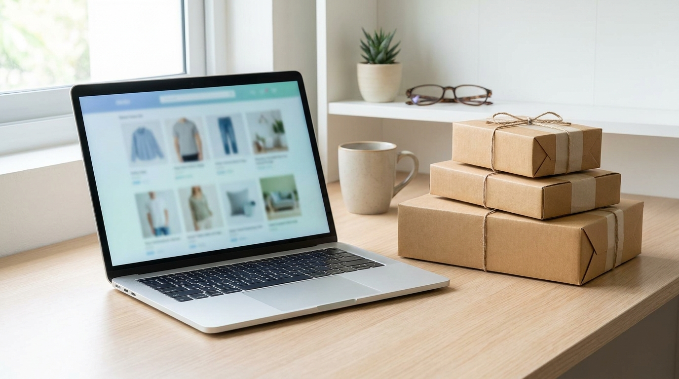 Paketstapel neben Laptop mit Onlineshop auf hellem Schreibtisch (Symbolbild, KI-generiert)
