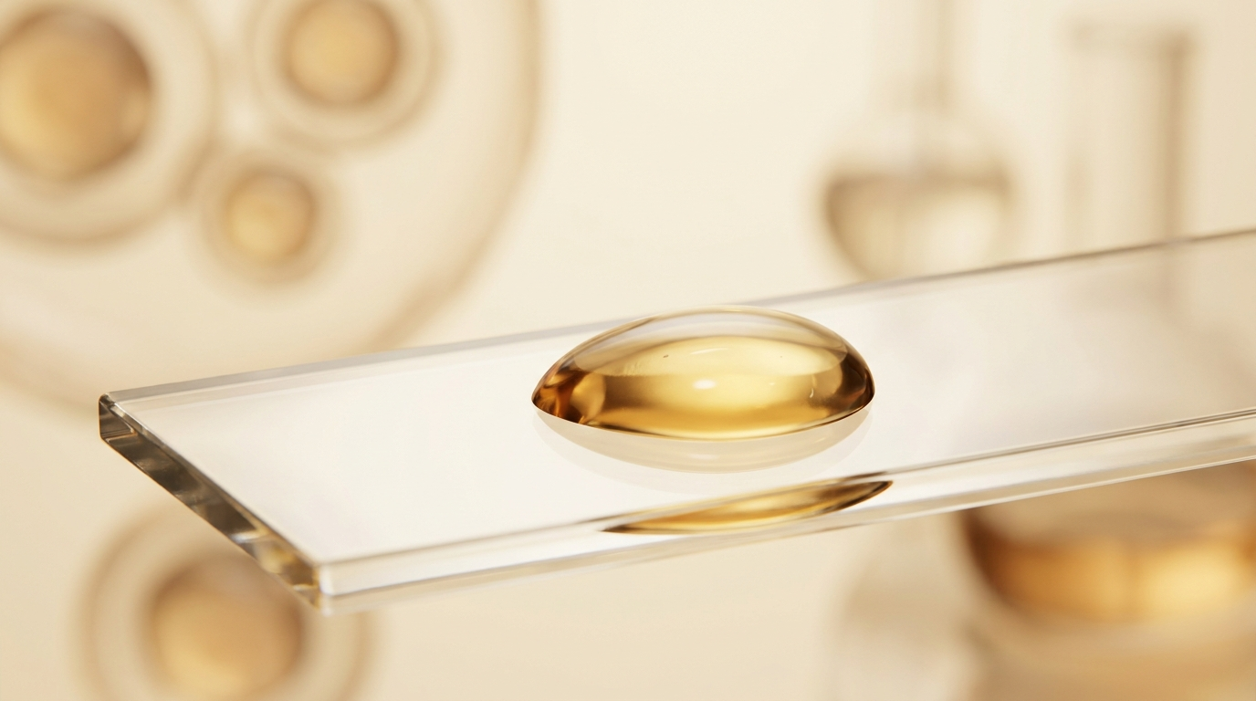 Goldener Serum-Tropfen auf Glasfläche mit angedeuteten Zellstrukturen (Symbolbild, KI-generiert)