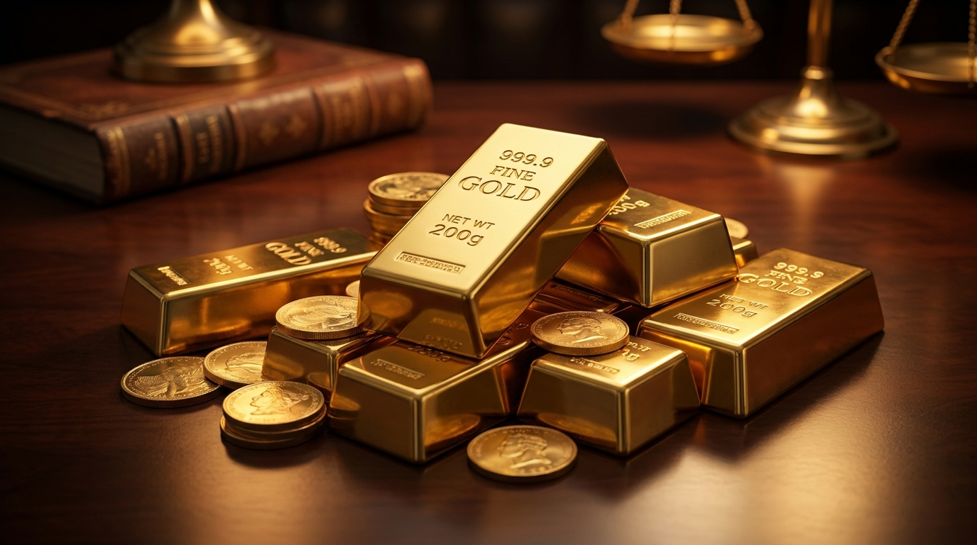 Gestapelte Goldbarren und Goldmünzen auf dunklem Untergrund (Symbolbild, KI-generiert)