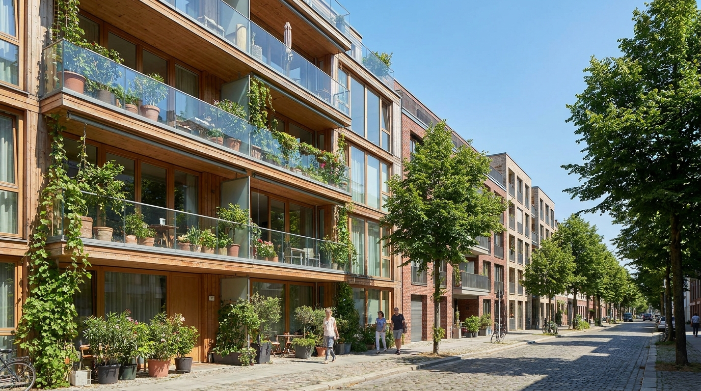 Moderne Wohngebäude mit Balkonen und Grünflächen in einer deutschen Stadt (Symbolbild, KI-generiert)