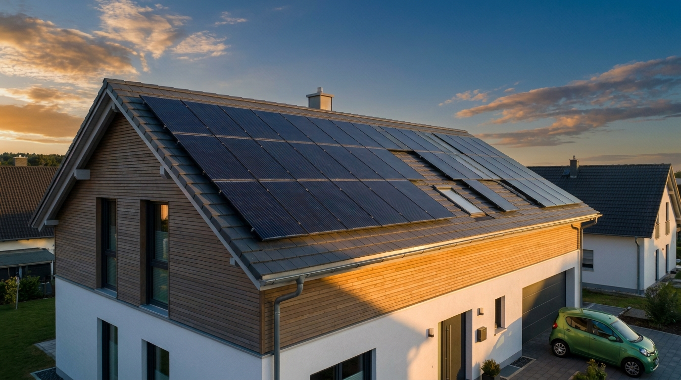 Modernes Wohnhaus mit Photovoltaikanlage auf dem Dach im Abendlicht (Symbolbild, KI-generiert)