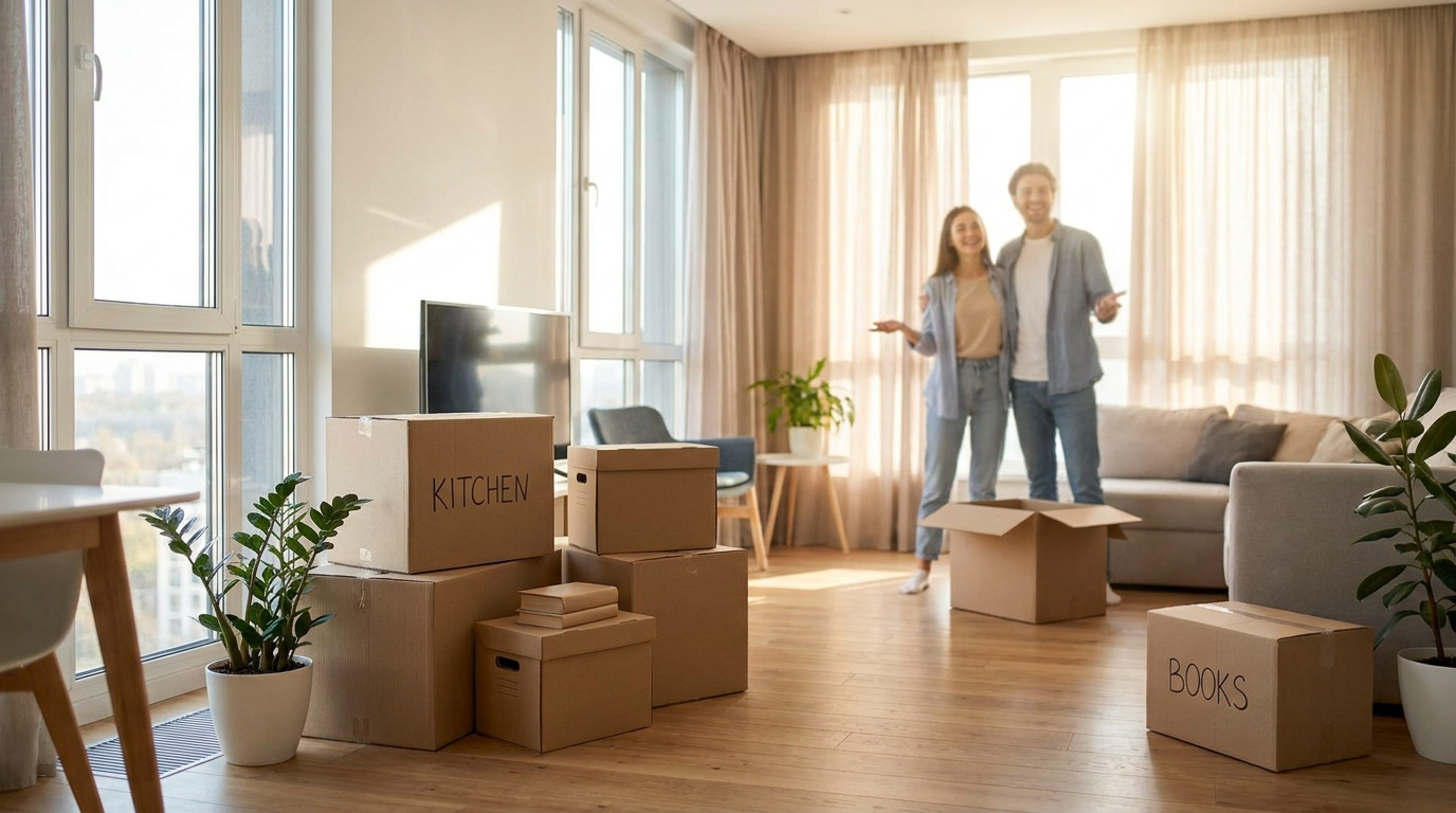 Umzugskartons in heller Wohnung mit Sonnenlicht (Symbolbild, KI-generiert)